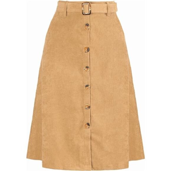 Womens High Waist Button Front A-Line Skirt Khaki - Picture 1 of 5